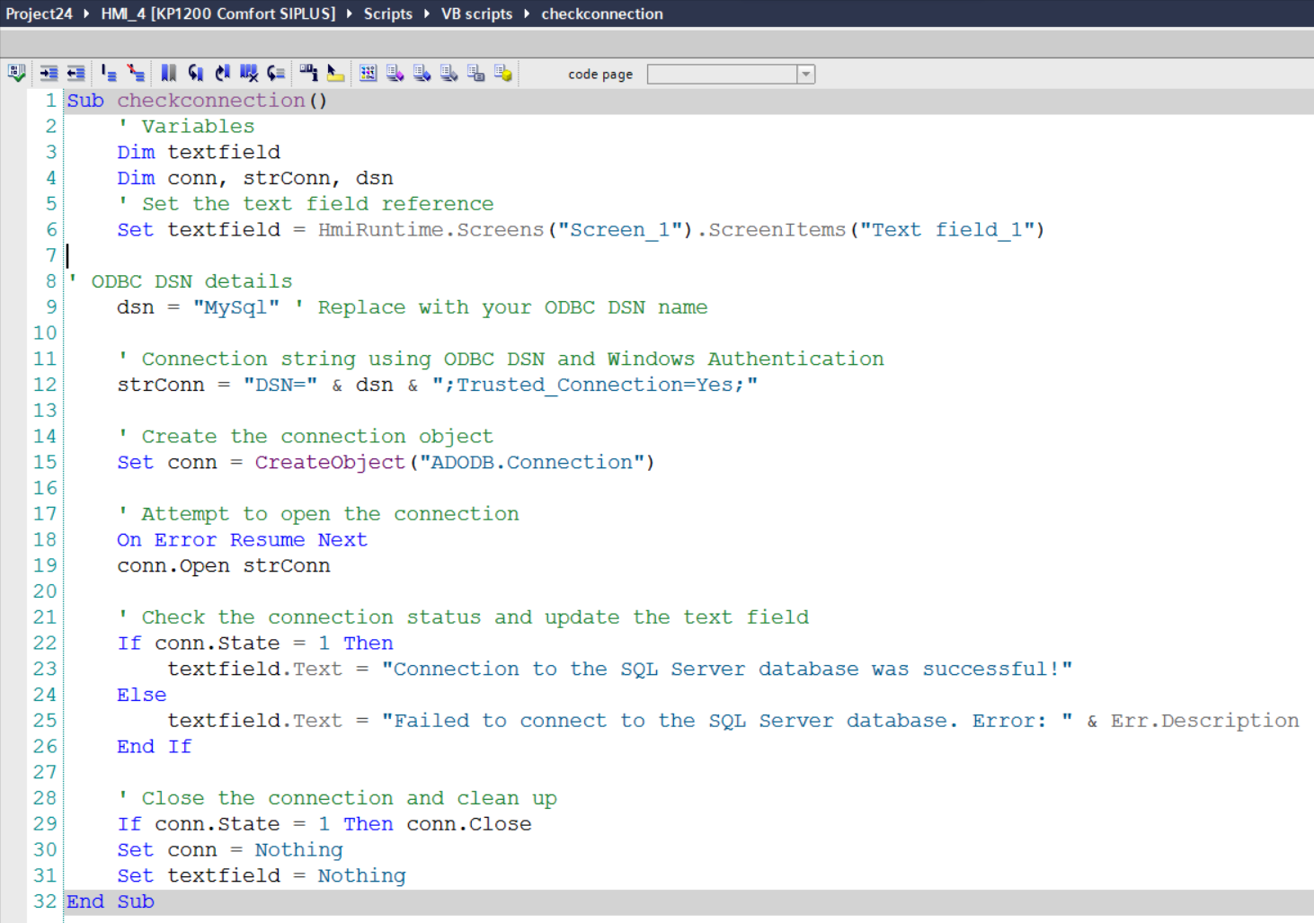 VBscript to write and update tag value in MSSQL Database table in Siemens Wincc HMI